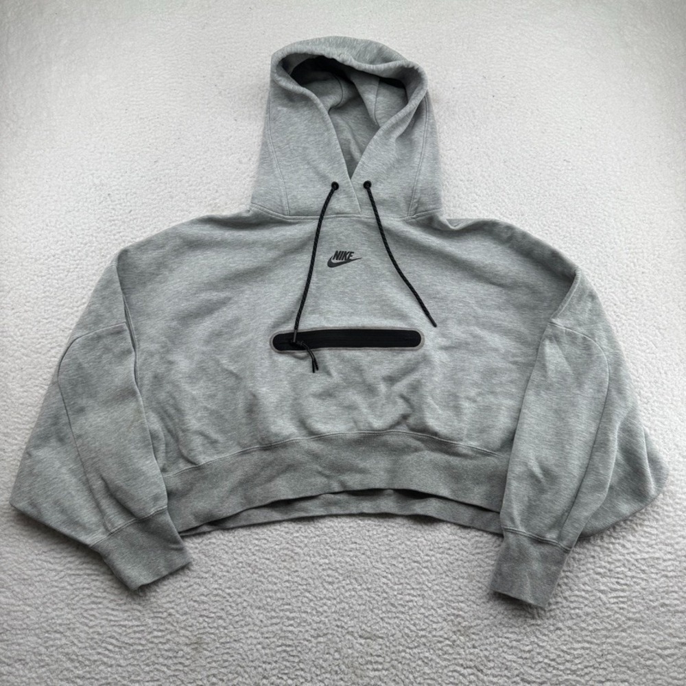 Nike Crop Boxy Hoodie Womens Medium Gray Sweatshirt Zip Pouch Pocket Pullover